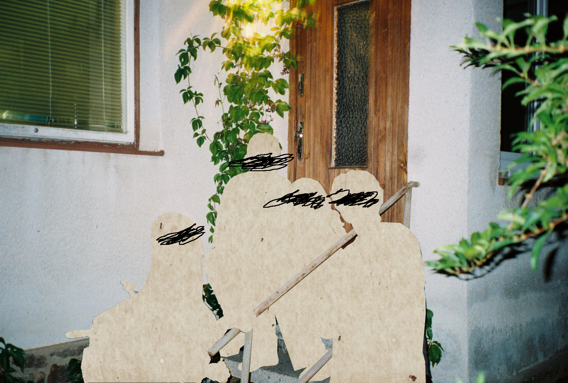 A photo of four people in front of a house who are cropped out and instead of them is a paper texture with scribbles in their eye levels