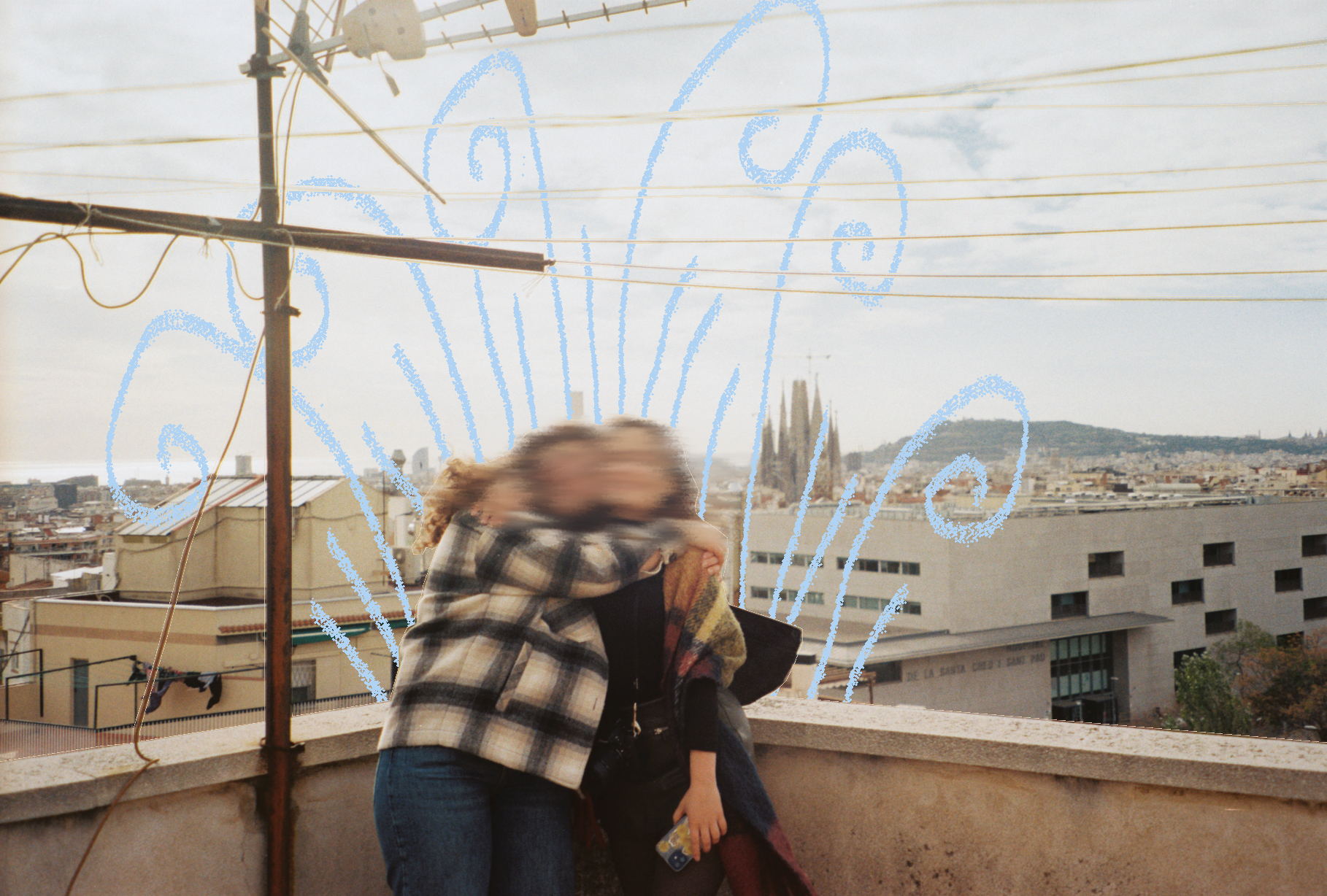 A photo of two women standing on a rooftop hugging. Their faces are blurred out and there is a pastel blue wind effect drawn behind them.